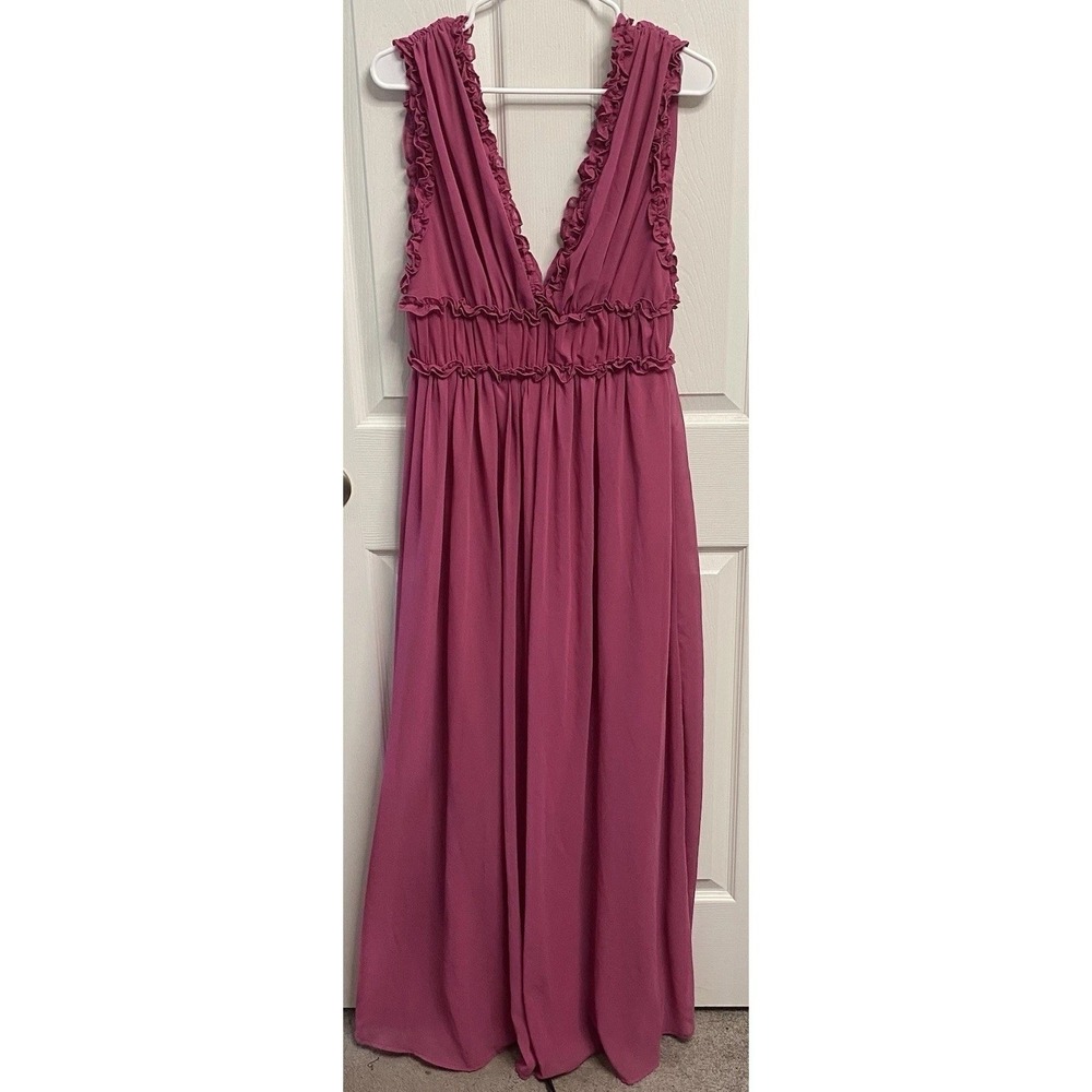 LULUS Women Helvia Berry Pink Ruffled Sleeveless Maxi Long Dress Lined Gown M